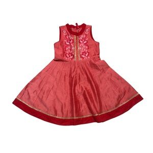 ✨🌺 Ethnicity Girls Embroidered Floral Red Silk Party Dress 2–3Y 🌺✨